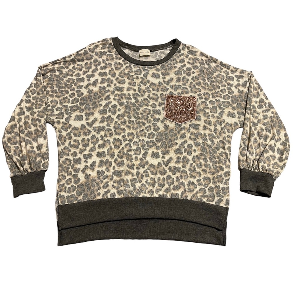 Lovely Melody Long Sleeve Top Size Large Leopard Print with Sequin Pocket